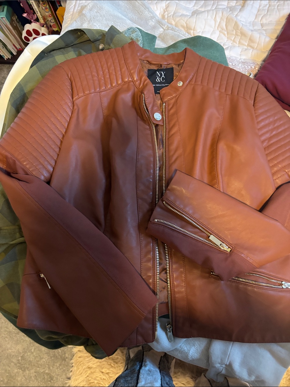New York & Company Women's Cognac Faux Leather Moto Jacket